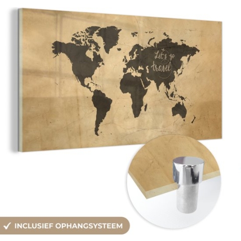 MuchoWow® Glasschilderij - Wereldkaart - Spreuken - Zwart - 80x40 cm - Acrylglas Schilderijen - Foto op Glas