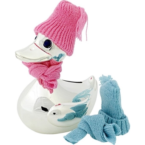 Spaarpot Eend verzilverd, met roze en licht-blauwe muts & sjaal, dan kunt u zelf een keuze maken - Merk : Edzard - Aanslagbestendig - Hoogte 13 cm - Leuk om cadeau te geven bij een babyshower, kraam cadeau, verjaardag, etc.
