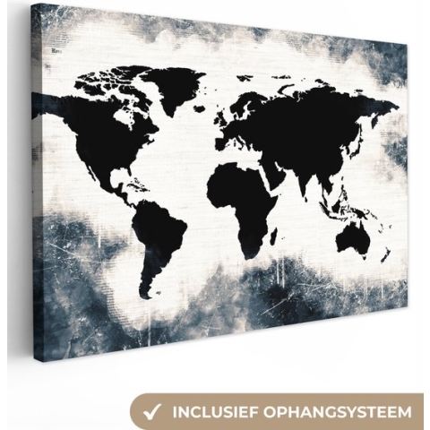Canvas Wereldkaart - 140x90 - Wanddecoratie Wereldkaart - Hout - Zwart