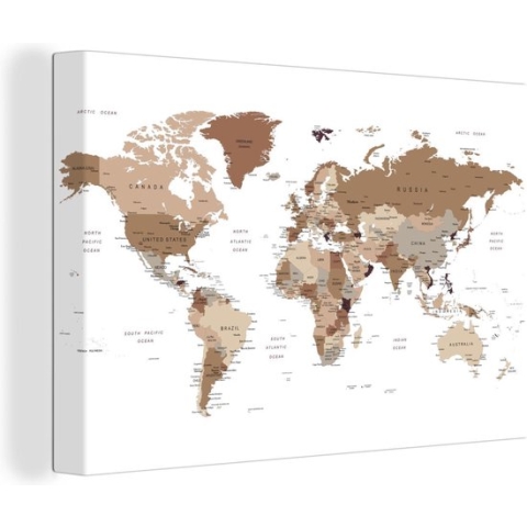Canvas Wereldkaart - 140x90 - Wanddecoratie Wereldkaart - Simpel - Bruin