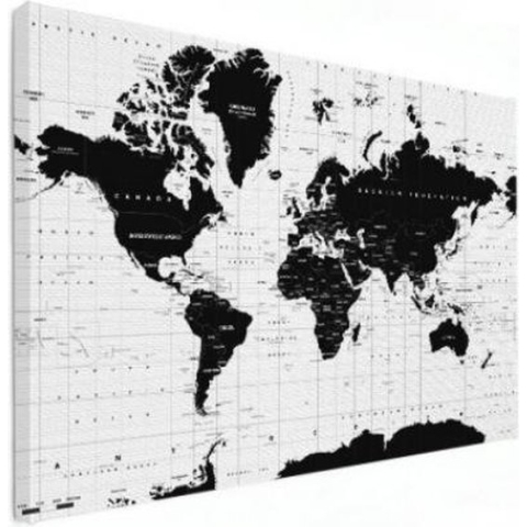 Wereldkaart Zwart Aardrijkskundig - Canvas 120x90