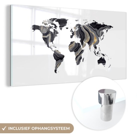 MuchoWow® Glasschilderij - Wereldkaart - Goud - Zilver - Zwart - 80x40 cm - Acrylglas Schilderijen - Foto op Glas
