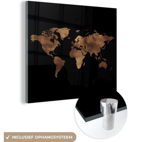 MuchoWow® Glasschilderij - Wereldkaart - Goud - Zwart - 90x90 cm - Acrylglas Schilderijen - Foto op Glas
