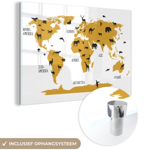 MuchoWow® Glasschilderij - Wereldkaart - Kinderen - Goud - Dieren - Kind - 120x80 cm - Acrylglas Schilderijen - Foto op Glas