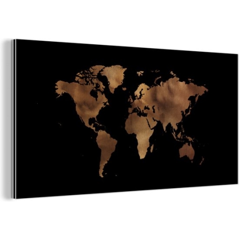 Wanddecoratie Metaal - Aluminium Schilderij Industrieel - Wereldkaart - Leer - Bruin - 160x80 cm - Dibond - Foto op aluminium - Industriële muurdecoratie - Voor de woonkamer/slaapkamer