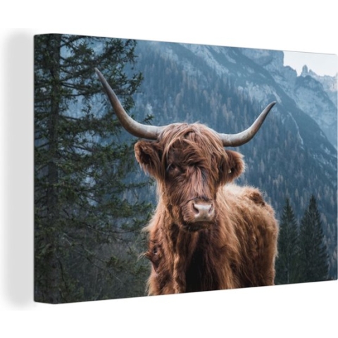 Canvas schilderij - Schotse Hooglander - Natuur - Bos - Boom - Dier - Schilderijen op canvas - Canvas doek - Foto op canvas - Woonkamer - Kamer decoratie - Wanddecoratie - 180x120 cm - Muurdecoratie