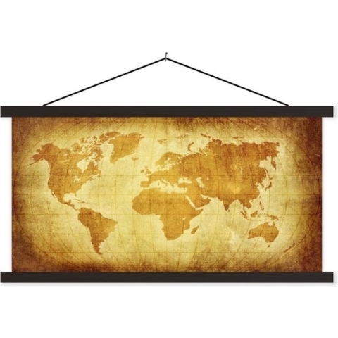 Posterhanger incl. Poster - Schoolplaat - Wereldkaart - Vintage - Bruin - 150x75 cm - Zwarte latten