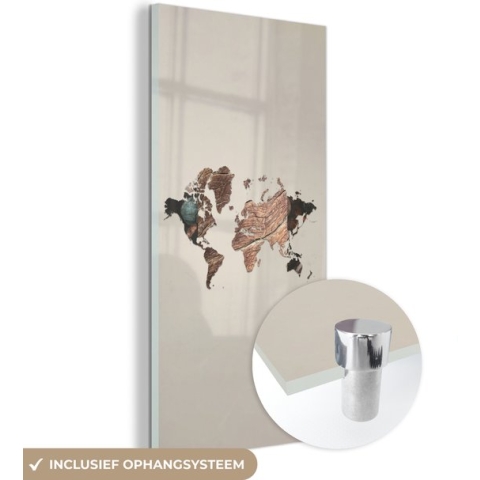 MuchoWow® Glasschilderij - Wereldkaart - Hout - Bruin - 60x120 cm - Acrylglas Schilderijen - Foto op Glas