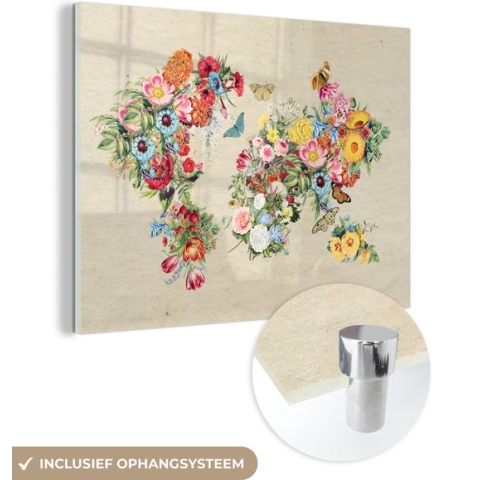 MuchoWow® Glasschilderij - Wereldkaart - Vintage - Bloemen - 80x60 cm - Acrylglas Schilderijen - Foto op Glas