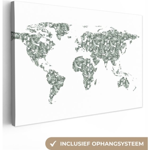 Canvas Wereldkaart - 140x90 - Wanddecoratie Wereldkaart - Tropische Planten - Wit
