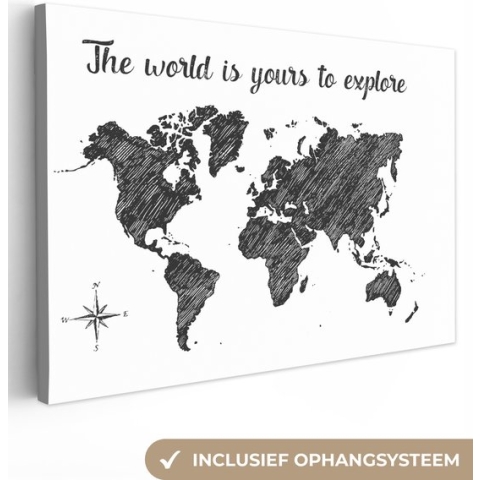 Canvas Wereldkaart - 140x90 - Wanddecoratie Wereldkaart - Quote - Zwart - Wit