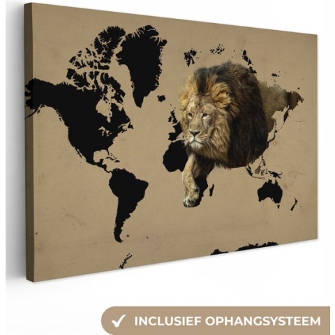 Canvas Wereldkaart - 140x90 - Wanddecoratie Wereldkaart - Zwart - Leeuw