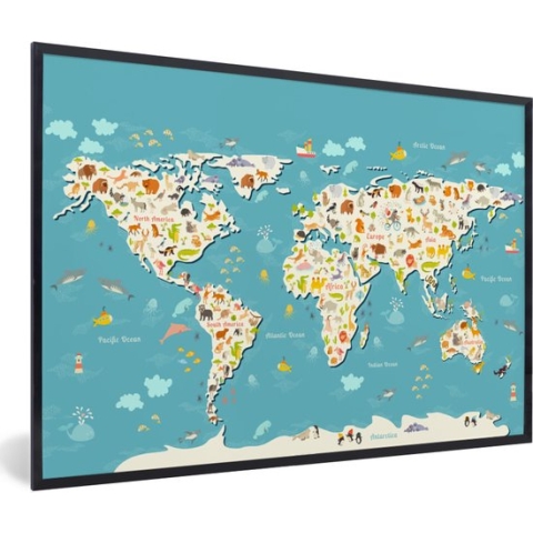 Poster in lijst voor kinderen - Kinderkamer wanddecoratie - Schilderij kids - Wereldkaart - Kinderen - Dieren - Kind - Jongens - Meiden - 120x80 cm