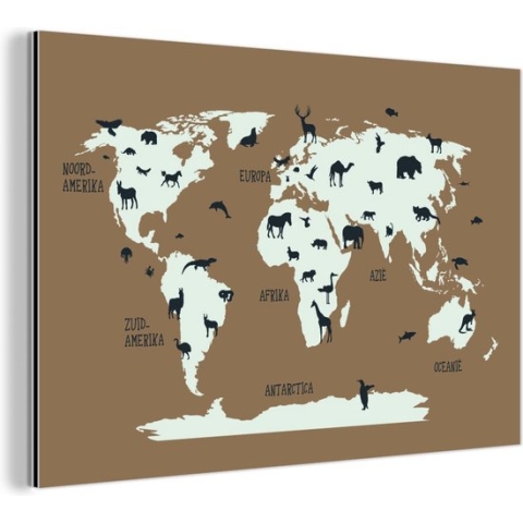 Wanddecoratie Metaal - Aluminium Schilderij Industrieel - Wereldkaart - Dieren - Bruin - 150x100 cm - Dibond - Foto op aluminium - Industriële muurdecoratie - Voor de woonkamer/slaapkamer