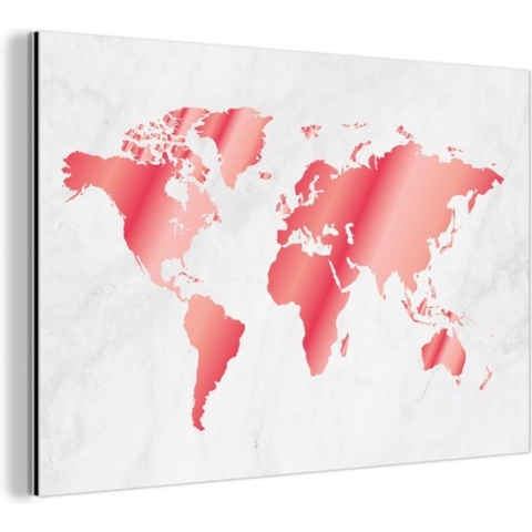 Wanddecoratie Metaal - Aluminium Schilderij Industrieel - Wereldkaart - Roze - Marmer - 150x100 cm - Dibond - Foto op aluminium - Industriële muurdecoratie - Voor de woonkamer/slaapkamer