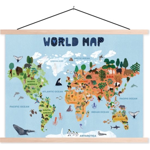 Posterhanger incl. Poster - Schoolplaat - Wereldkaart - Kinderen - Dieren - Bomen - 150x113 cm - Zwarte latten
