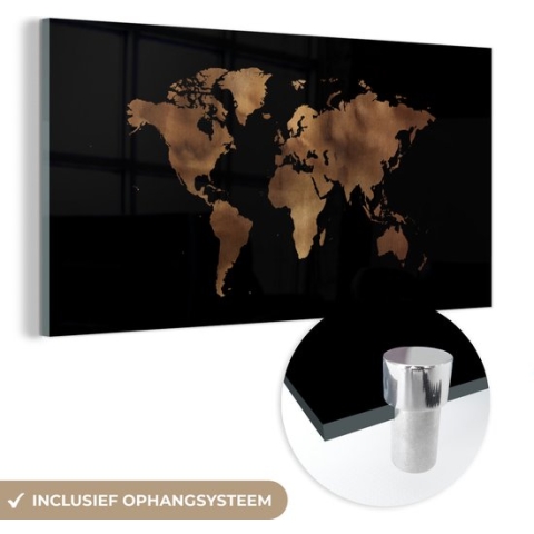 MuchoWow® Glasschilderij - Wereldkaart - Leer - Bruin - 80x40 cm - Acrylglas Schilderijen - Foto op Glas