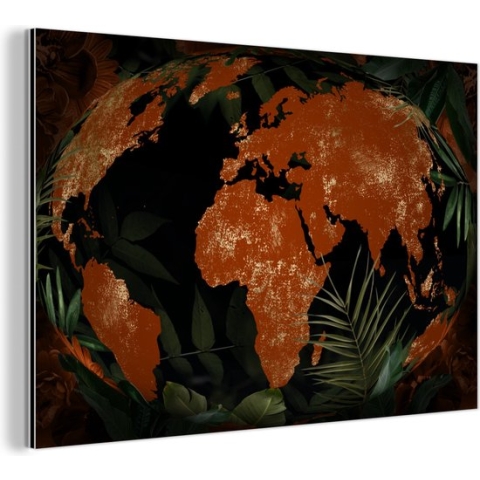 Wanddecoratie Metaal - Aluminium Schilderij Industrieel - Wereldkaart - Planten - Wereldbol - 120x80 cm - Dibond - Foto op aluminium - Industriële muurdecoratie - Voor de woonkamer/slaapkamer