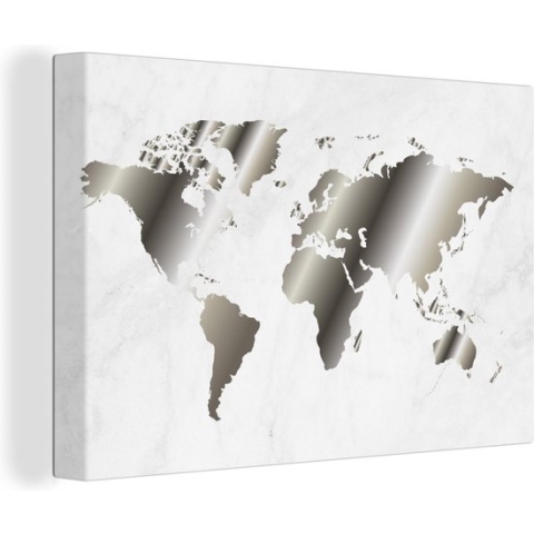 Canvas Wereldkaart - 140x90 - Wanddecoratie Wereldkaart - Zwart Wit - Marmer
