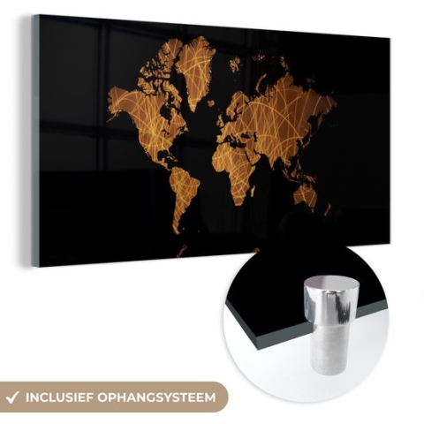 MuchoWow® Glasschilderij - Wereldkaart - Goud - Patroon - 160x80 cm - Acrylglas Schilderijen - Foto op Glas