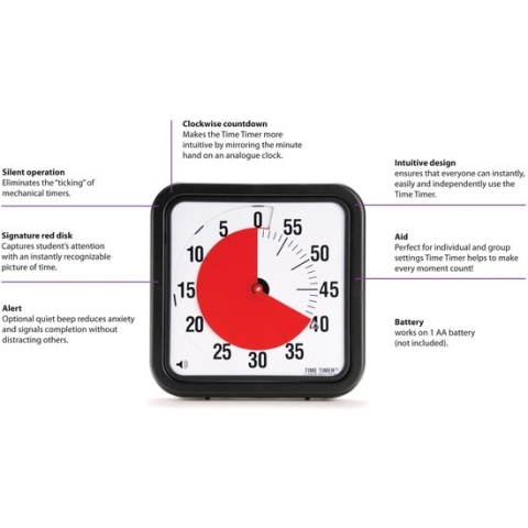 Time Timer Large 30x30cm - Visuele Countdown Timer - Tijdmanagement Tool - School, Thuis, Kantoor - Optioneel Alarm met Sterkte Regelaar - Geen Luid Getik - Magnetisch (Zwart)