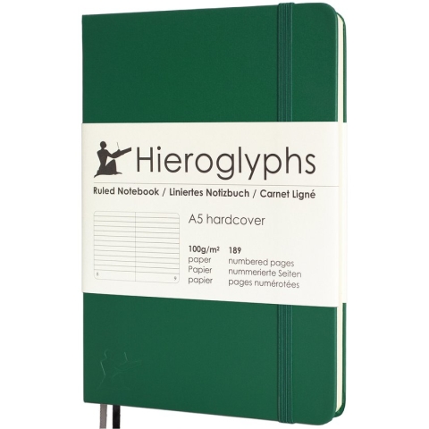 Hieroglyphs Notitieboek A5 Gelijnd - Hardcover - 189 Genummerde Pagina’s - 100 Grams Papier - Elastiek - 2 Bladwijzers - Opbergvak - Schrijfboek - Groen - Donkergroen