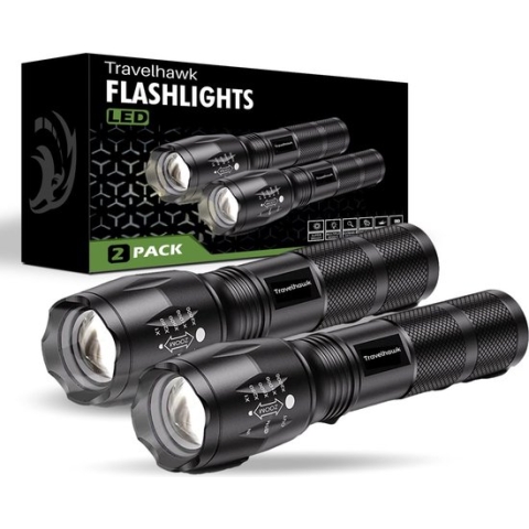 Travelhawk Zaklamp - Zaklamp Led - Zaklamp Militaire - 1000 Lumen - Waterproof - Zwart - 2 stuks
