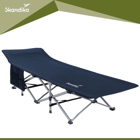 Skandika Viia Ligbed – Veldbed – Ligbed - Comfortabel opklapbed, stabiele constructie, tot 200 kg, groot ligoppervlak, 208 x 75 cm, opklapbaar, zijvak – Veldbed voor op de camping, tenten, festival, thuis – blauw/navy blue