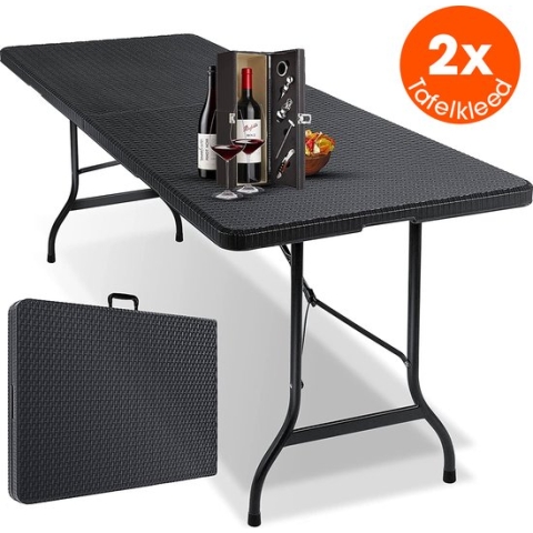Lenx Vouwtafel - Inklapbare tafel - Opvouwbare Tuintafel - Klaptafel - Inclusief handvat en 2 tafelkleden - 180x74x73cm - Plooitafel - 6 tot 8 Personen
