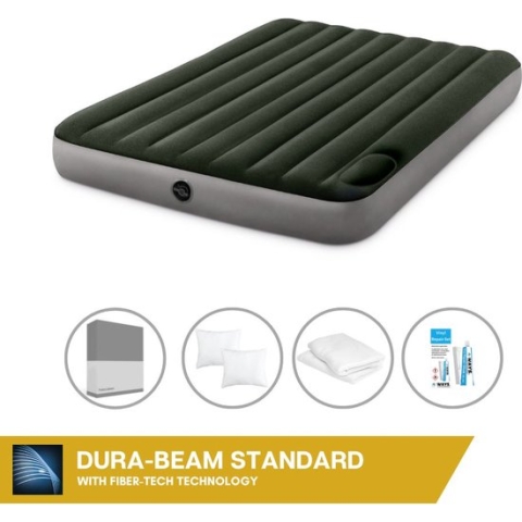 Intex Luchtbed - 2-Persoons - 152 x 203 x 25 cm - Groen - Met ingebouwde voetpomp + Hoeslaken Antraciet + Kussen + Molton 2 in 1 Kussenslopen + Reparatieset