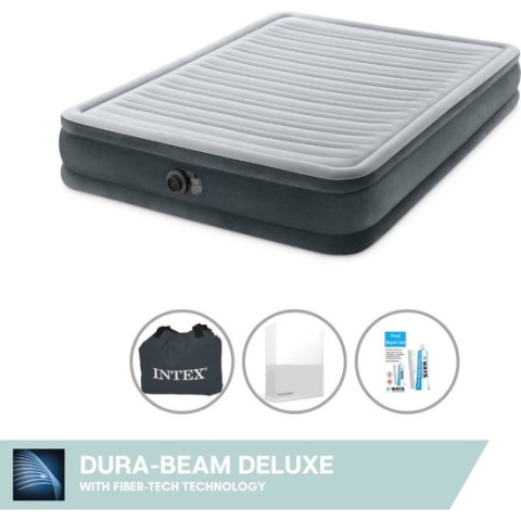 Intex Luchtbed - 2-Persoons - 152 x 203 x 33 cm - Grijs - Met ingebouwde pomp, Hoeslaken Wit en Reparatieset