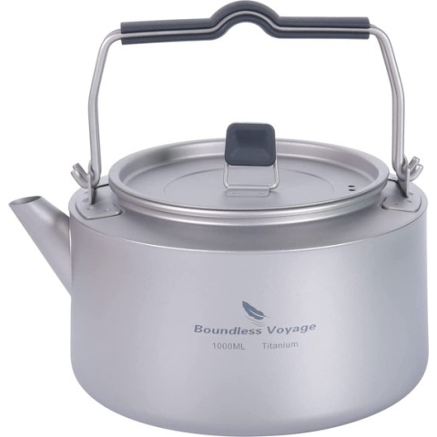 Boundless Voyage - 1L - Titanium Waterkoker - Camping - Grote Capaciteit - Kookplaat Theepot Met Opvouwbare Handgreep & Filter - Binnen - Buiten - Ultralicht - Waterkan Fles - Duurzaam - Wandelen - Keuken - Servies - Ti3098D - (Grijs)