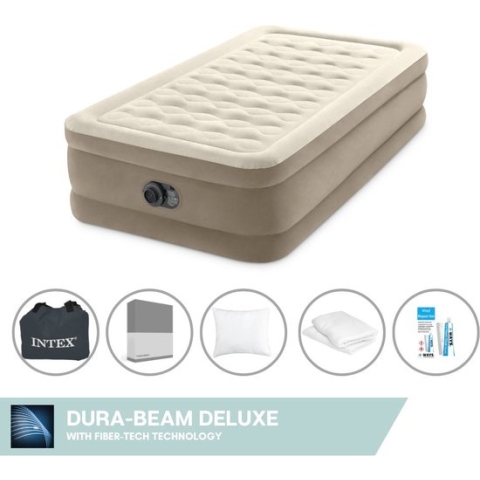 Intex Luchtbed - 1-Persoons - 99 x 191 x 46 cm - Beige - Met ingebouwde pomp + Hoeslaken Antraciet + Kussen + Molton 2 in 1 Kussenslopen + Reparatieset