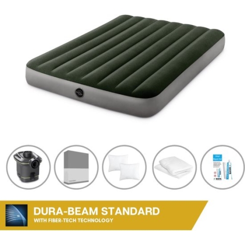 Intex Luchtbed - Twijfelaar - 137 x 191 x 25 cm - Groen - Met pomp + Hoeslaken Antraciet + Kussen + Molton 2 in 1 Kussenslopen + Reparatieset