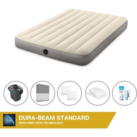 Intex Luchtbedset Intex Luchtbed - Twijfelaar - 137 x 191 x 25 cm - Beige + Intex Elektrische Pomp - 650 Liter/min + Hoeslaken Antraciet + Kussen + Molton 2 in 1 Kussenslopen + Reparatieset