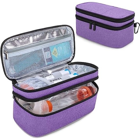 Dubbellaagse adrenaline koeltas, Epipen reistas voor volwassenen, adrenaline tas voor Auvi-Q, EpiPen, neusspray en astma-inhalator. (ZONDER ACCESSOIRES INBEGREPEN), paars