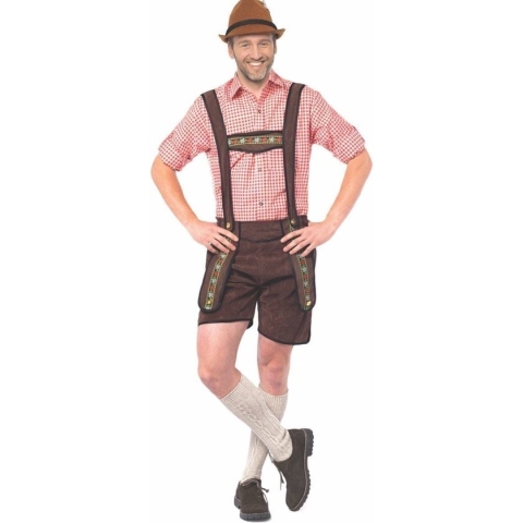 Partychimp Voordelige Korte Lederhose Man Johann Oktoberfest Heren Lederhosen Man Carnavalskleding Heren Carnaval - Polyester - Donkerbruin - Maat L