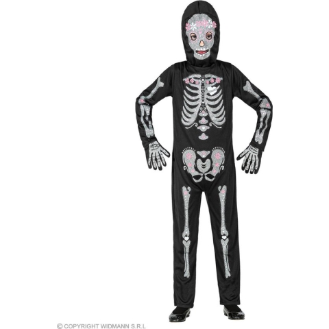 Widmann - Spook & Skelet Kostuum - Glitter En Glamour Hollywood Skelet Kind Kostuum - Zwart, Wit / Beige - Maat 116 - Halloween - Verkleedkleding