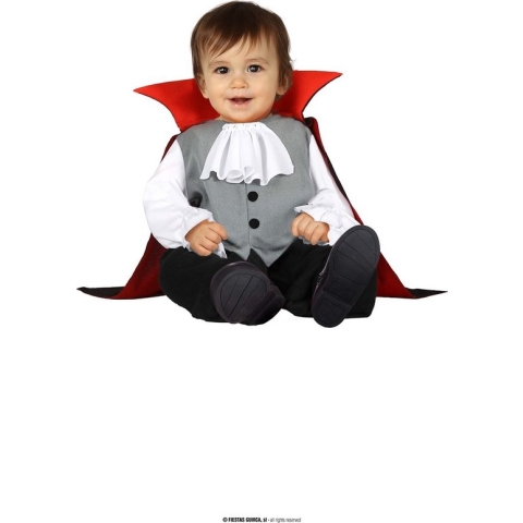 Guirca - Vampier & Dracula Kostuum - Bijtgrage Little Teeth Vampier Vladimir - Jongen - Rood, Zwart, Grijs - 18 - 24 maanden - Halloween - Verkleedkleding