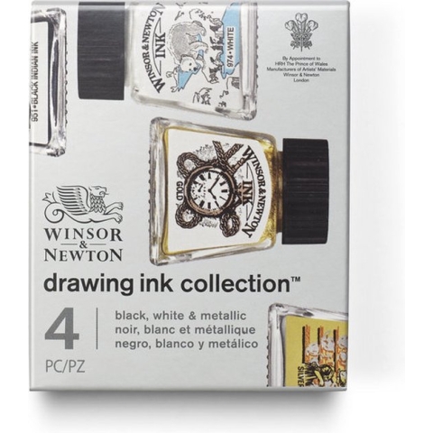 Winsor & Newton Drawing Ink Collection X4 Black White Metallic Tones Set