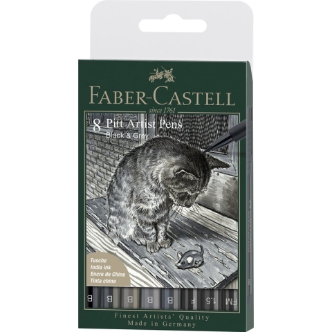 Faber-Castell tekenstift Pitt Artist pen - zwart + grijs - 8-delig etui lijnbreedte FM, 1.5, F, 5x B - FC167171