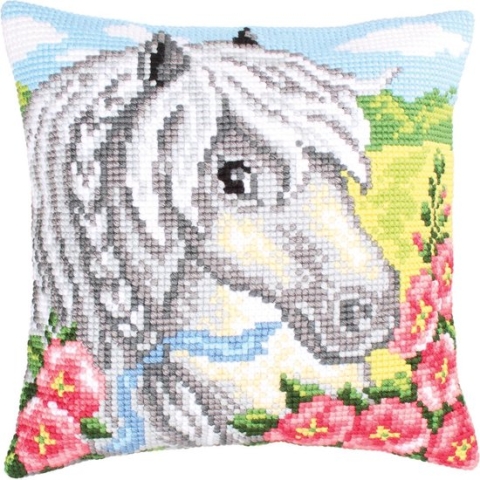 Voorbedrukt kruissteek Kussenpakket wit paard Collection d'Art 5207