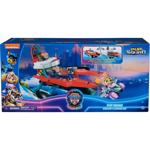 PAW Patrol The Mighty Movie - Pup Squad Transformerend Vliegdekschip Hoofdkwartier met Chase en Skye Pup Squad Racer-speelgoedauto