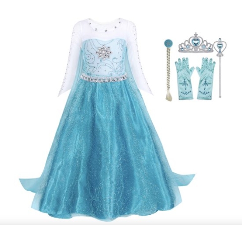 Joya Kids® Elsa Verkleed Jurk met Ster | Glamour Jurk met sleep | Prinsessenjurk meisje | Jurk Verkleedjurk | Met Accessoires set | Blauw | Maat 110/116 (110) | Cadeau meisje Sinterklaas