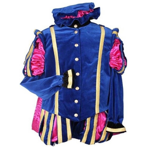Luxe pietenpak blauw-roze met cape.