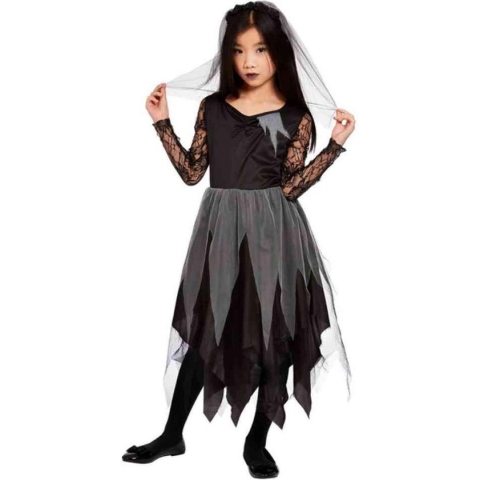 Smiffy's - Feesten & Gelegenheden Kostuum - Zwart Grijze Horror Bruid Heks - Meisje - Zwart, Grijs - Large - Halloween - Verkleedkleding