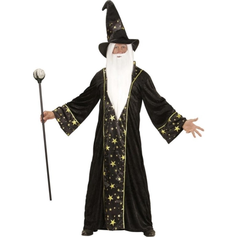 Widmann - Tovenaar & Tovenares & Waarzegster Kostuum - Wizzard Fantasy Tovenaar - Man - Zwart - Medium - Carnavalskleding - Verkleedkleding