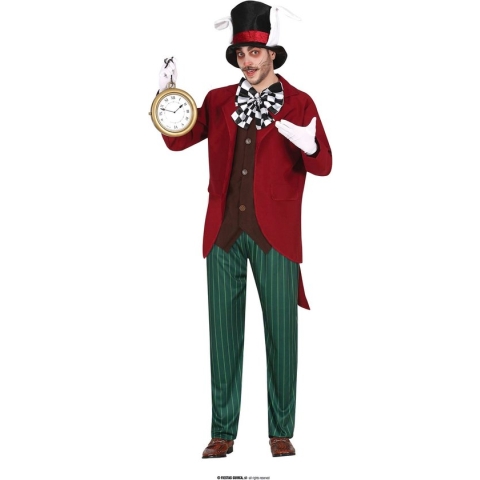 Guirca - Mad Hatter Kostuum - Deftige Altijd Op Tijd Konijn - Man - Rood, Groen - Maat 52-54 - Carnavalskleding - Verkleedkleding