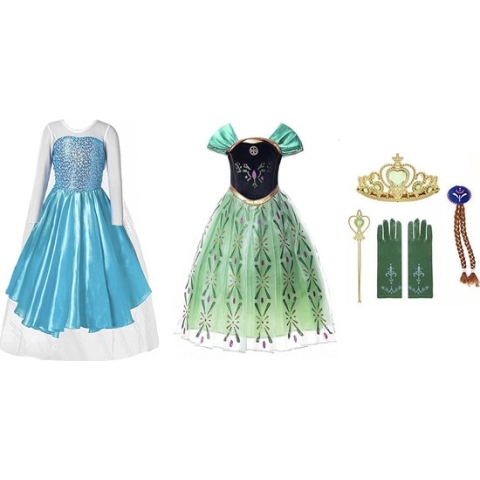 Prinsessenjurk meisje - 2 x Verkleedjurk - Anna groene jurk - Elsa jurk - Het Betere Merk - 6/pack - Carnavalskleding kinderen - Prinsessen Verkleedkleding - 110 (120) - Cadeau meisje - Prinsessen speelgoed - Verjaardag meisje - Kleed