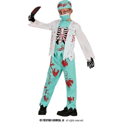 Guirca - Dokter & Tandarts Kostuum - Dol Op Bloed Zombie Chirurg Kind Kostuum - Blauw, Wit / Beige - 3 - 4 jaar - Halloween - Verkleedkleding